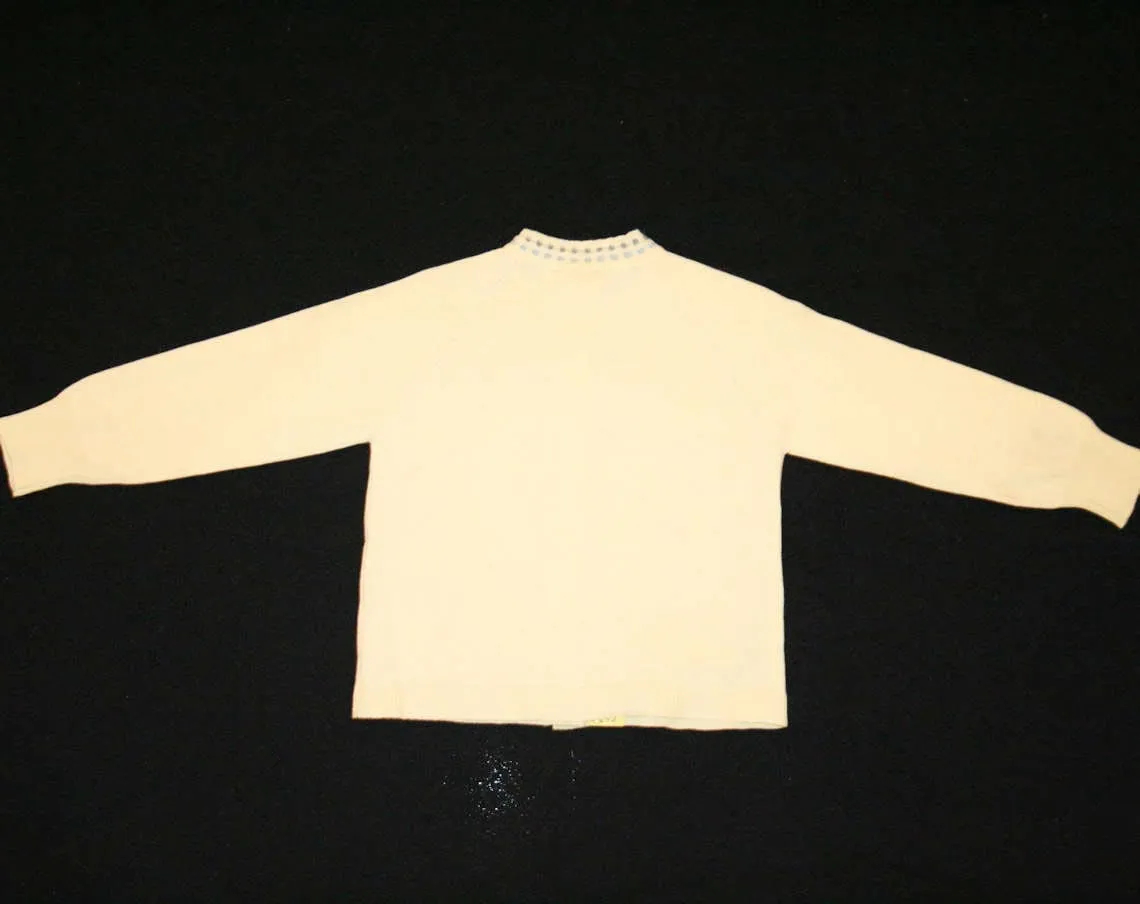 50s Girl's Cardigan - Size 4 to 5 - Button Front Sweater - Ivory Wool Knit - Late 1950s - Baby Blue & Gray Trim - Modern - European - 41991