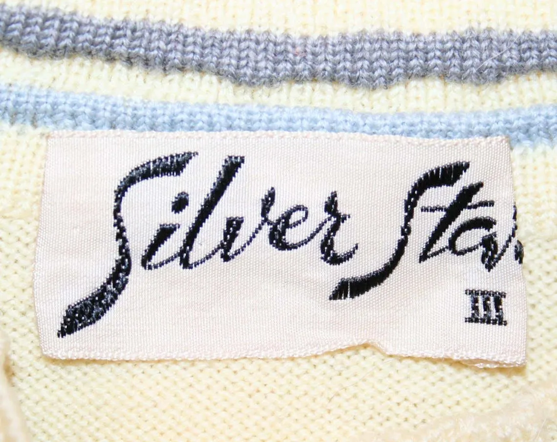 50s Girl's Cardigan - Size 4 to 5 - Button Front Sweater - Ivory Wool Knit - Late 1950s - Baby Blue & Gray Trim - Modern - European - 41991