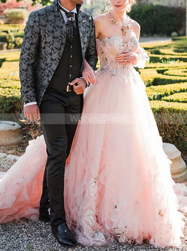 A-line Pink Wedding Dress With Removable Sleeve,Sweetheart Neckline Bridal Gown,WD00891