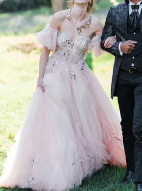 A-line Pink Wedding Dress With Removable Sleeve,Sweetheart Neckline Bridal Gown,WD00891