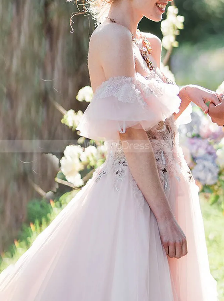 A-line Pink Wedding Dress With Removable Sleeve,Sweetheart Neckline Bridal Gown,WD00891