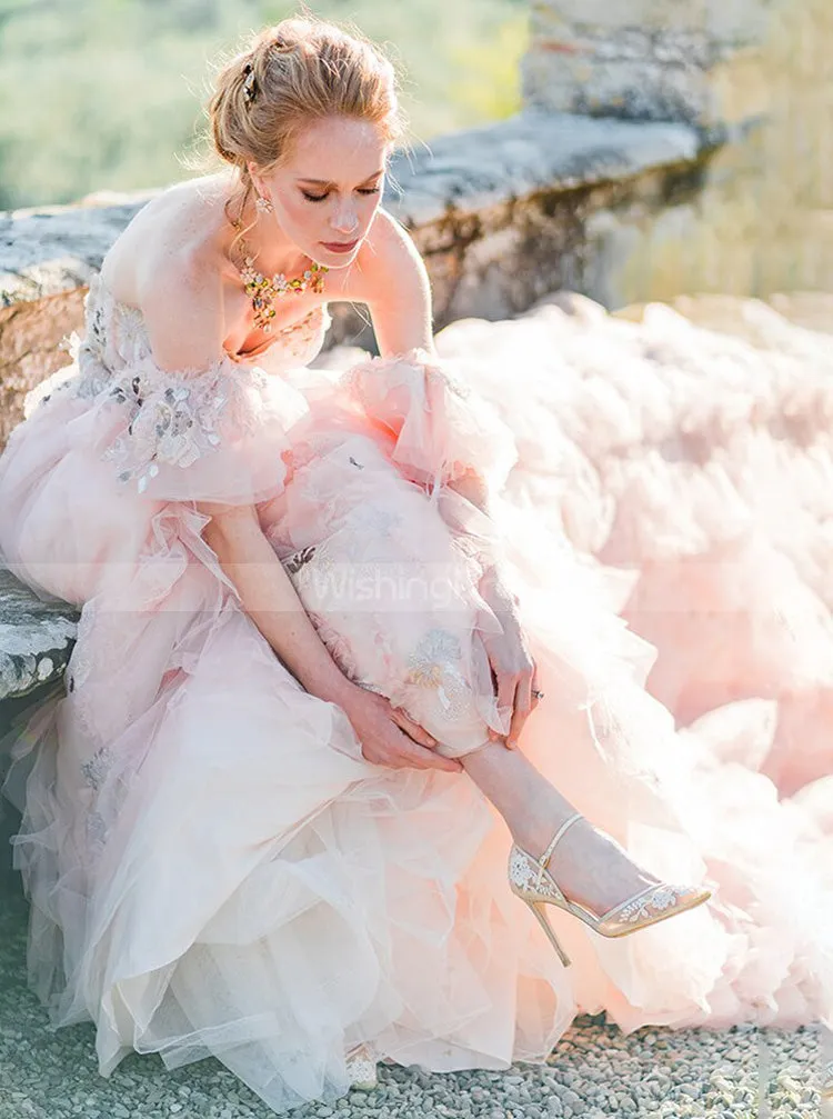 A-line Pink Wedding Dress With Removable Sleeve,Sweetheart Neckline Bridal Gown,WD00891