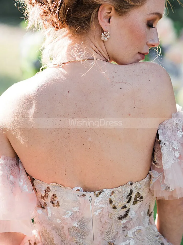 A-line Pink Wedding Dress With Removable Sleeve,Sweetheart Neckline Bridal Gown,WD00891