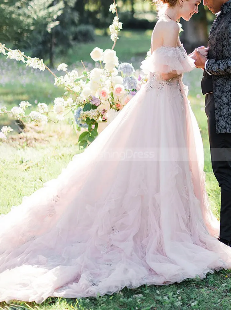A-line Pink Wedding Dress With Removable Sleeve,Sweetheart Neckline Bridal Gown,WD00891