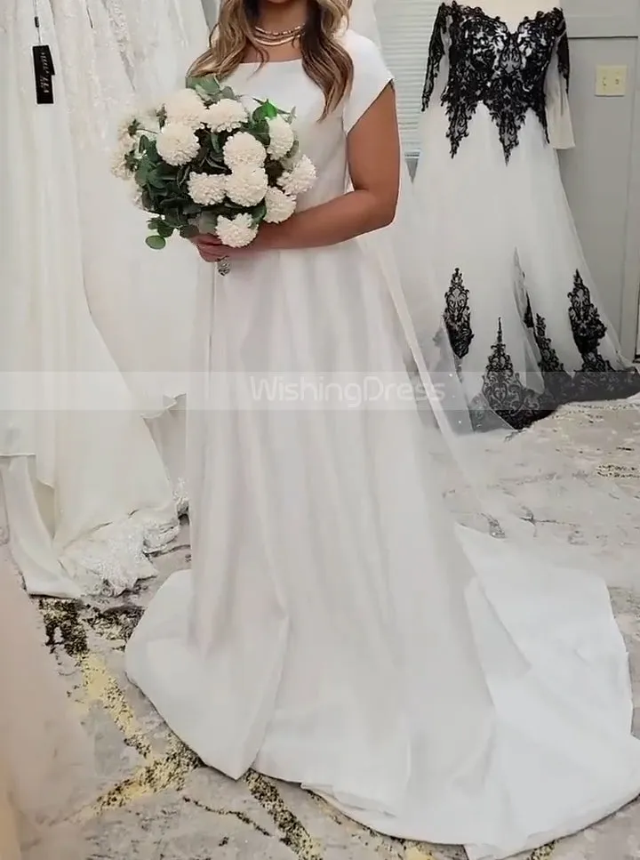 A-line Plus Size Wedding Gown,Satin Plus Size Bridal Gown With Short Sleeve,WD01052