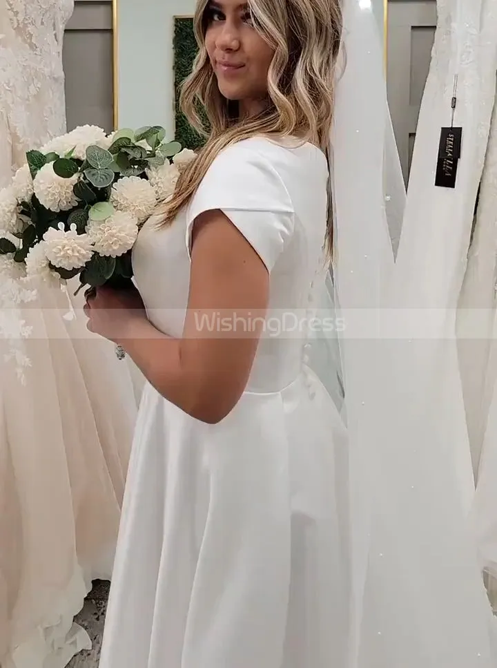 A-line Plus Size Wedding Gown,Satin Plus Size Bridal Gown With Short Sleeve,WD01052