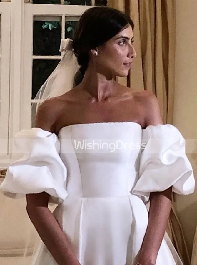 A-line Satin Wedding Dress with Removable Sleeves,Vintage Wedding Dress,WD00616