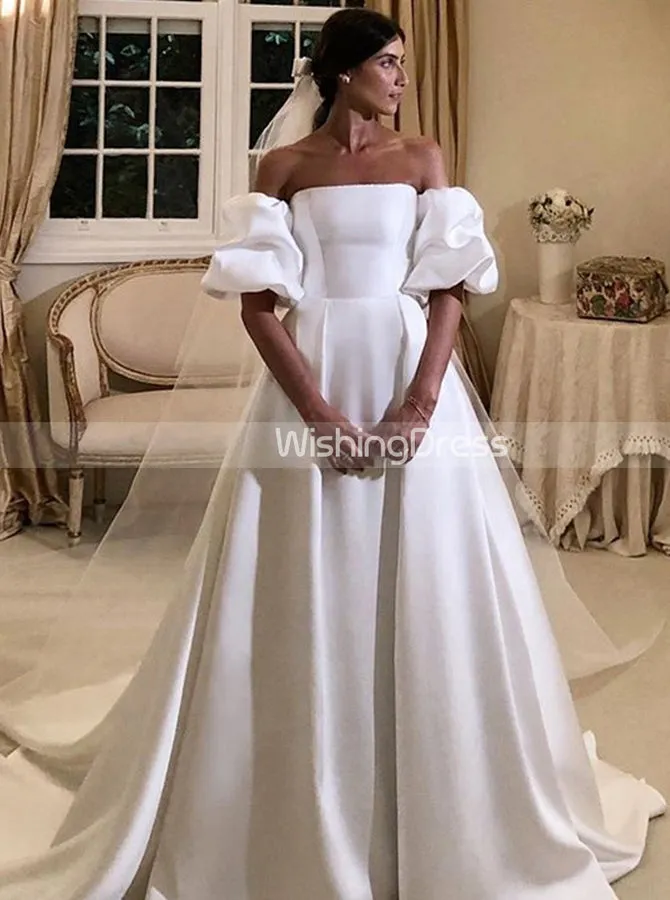 A-line Satin Wedding Dress with Removable Sleeves,Vintage Wedding Dress,WD00616