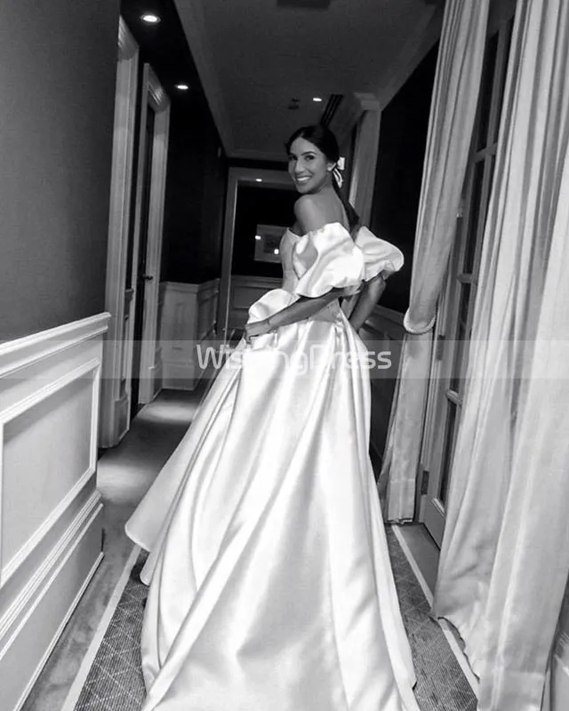 A-line Satin Wedding Dress with Removable Sleeves,Vintage Wedding Dress,WD00616