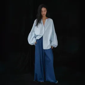 blue shirt women's long-sleeved pure cotton high-quality cotton vacation age-reducing lantern sleeve top shirt C0133