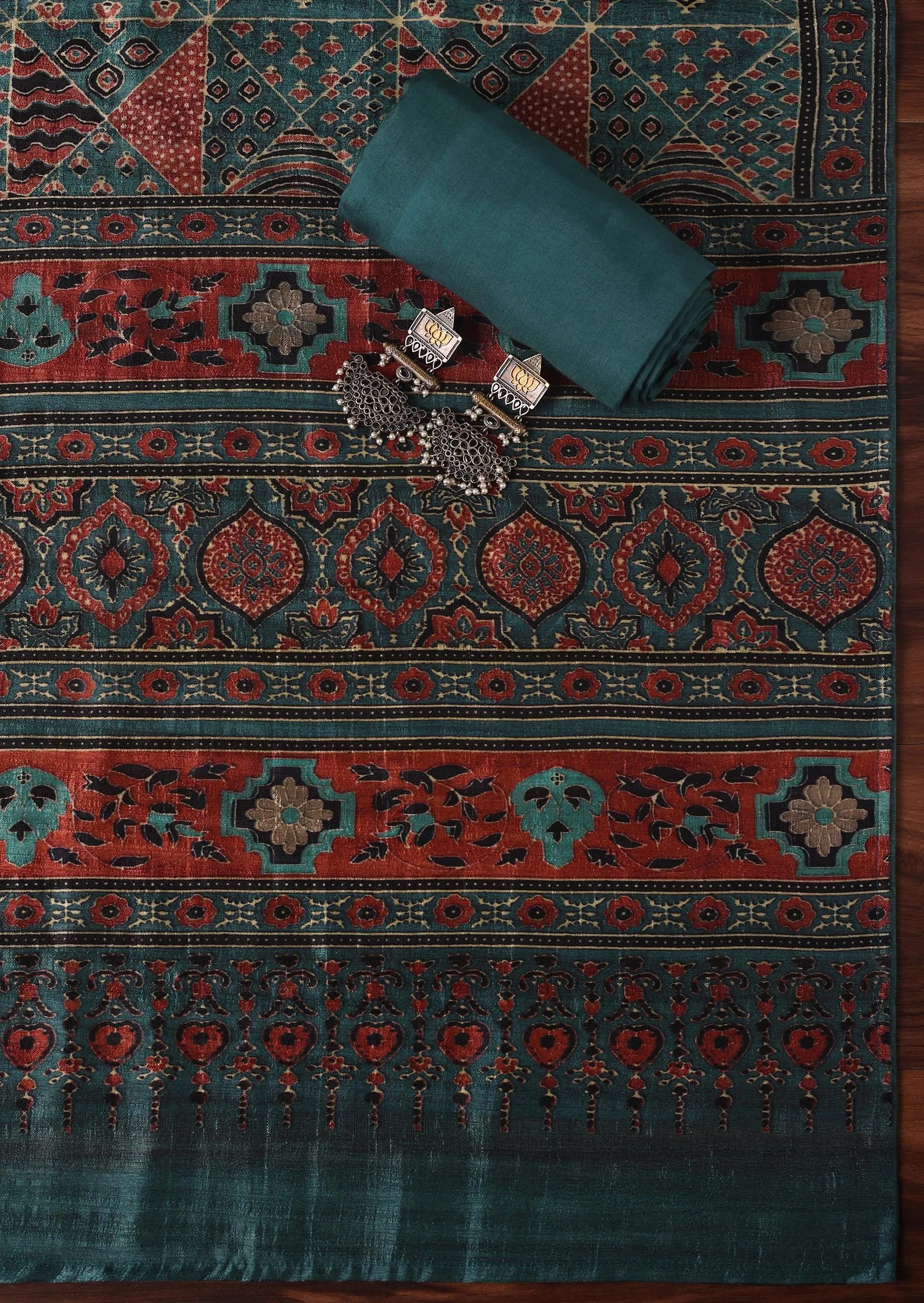 Blue Tussar Tribal Geomteric Printed Unstitched Dress Material