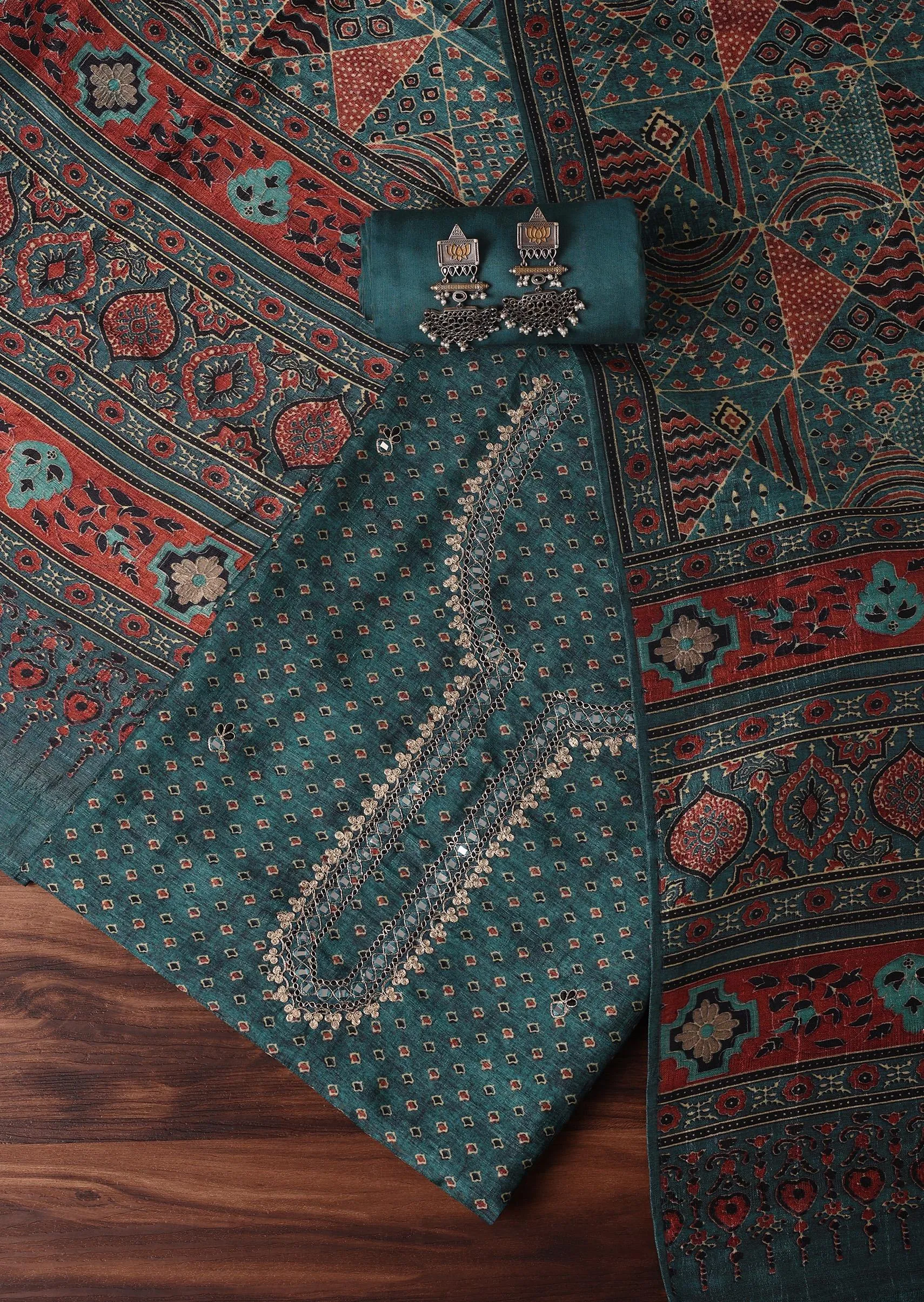 Blue Tussar Tribal Geomteric Printed Unstitched Dress Material