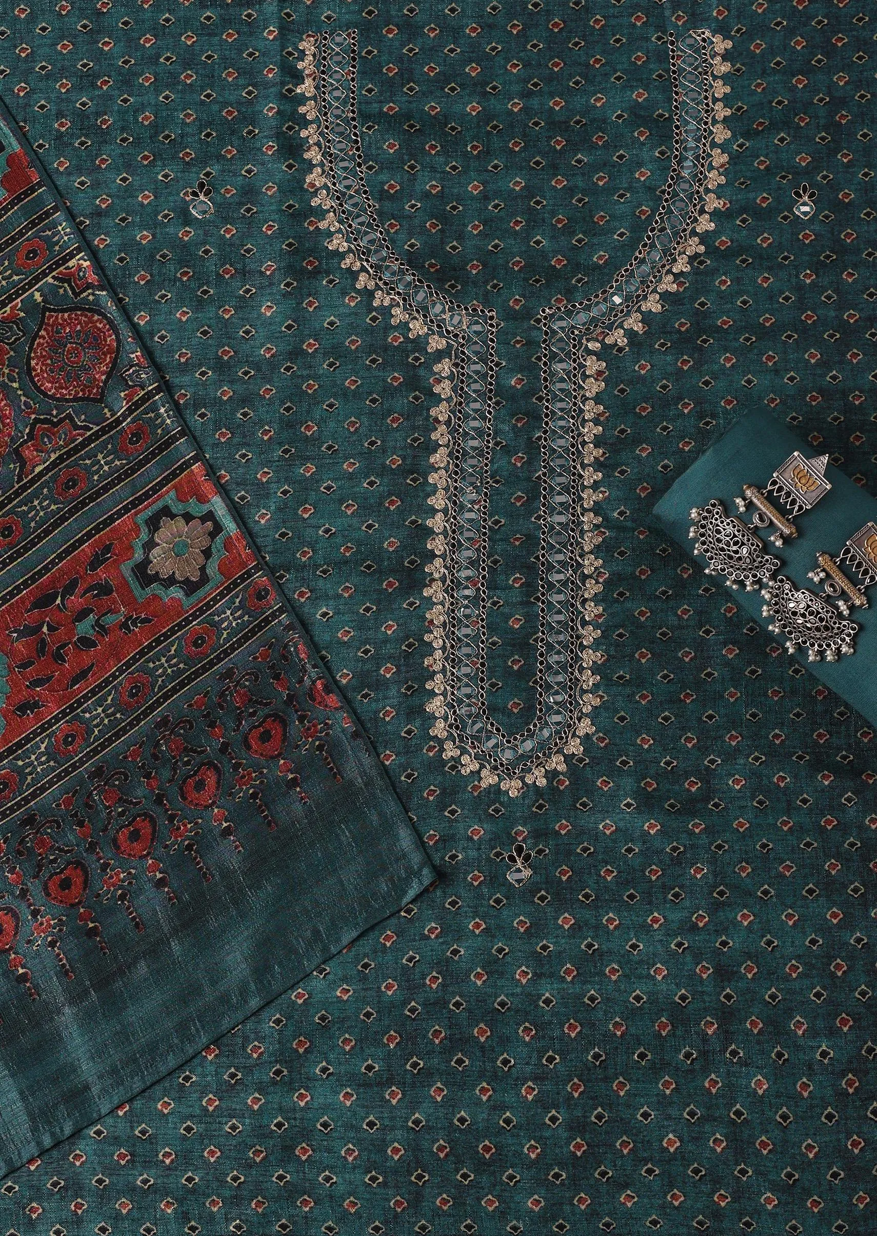 Blue Tussar Tribal Geomteric Printed Unstitched Dress Material