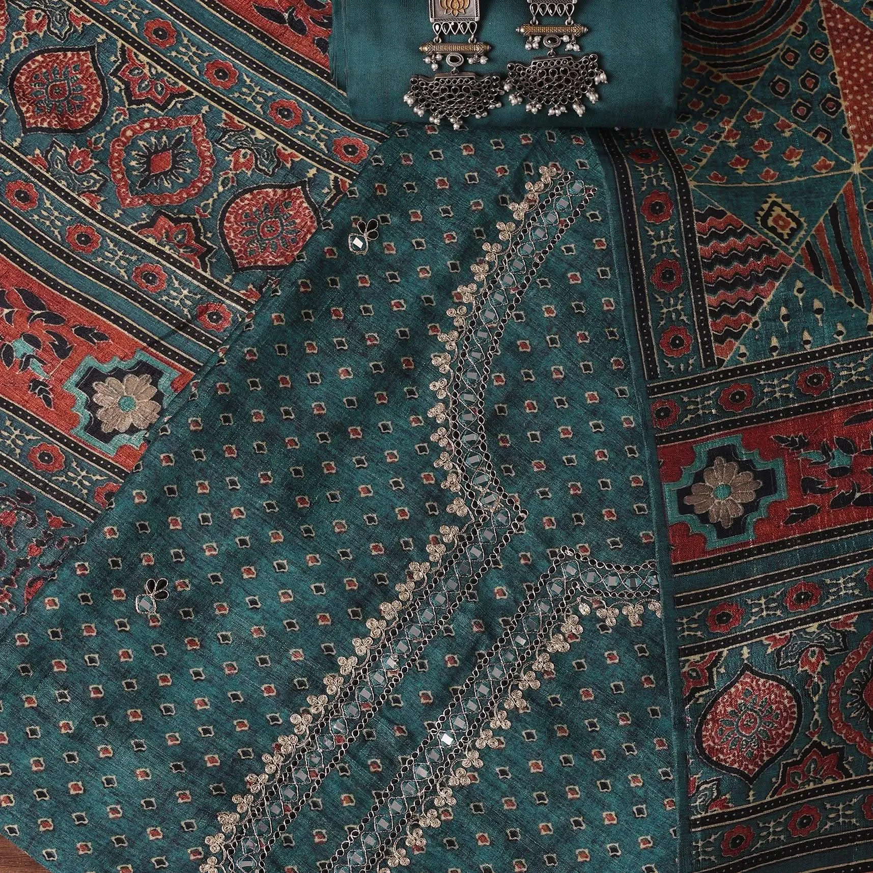 Blue Tussar Tribal Geomteric Printed Unstitched Dress Material