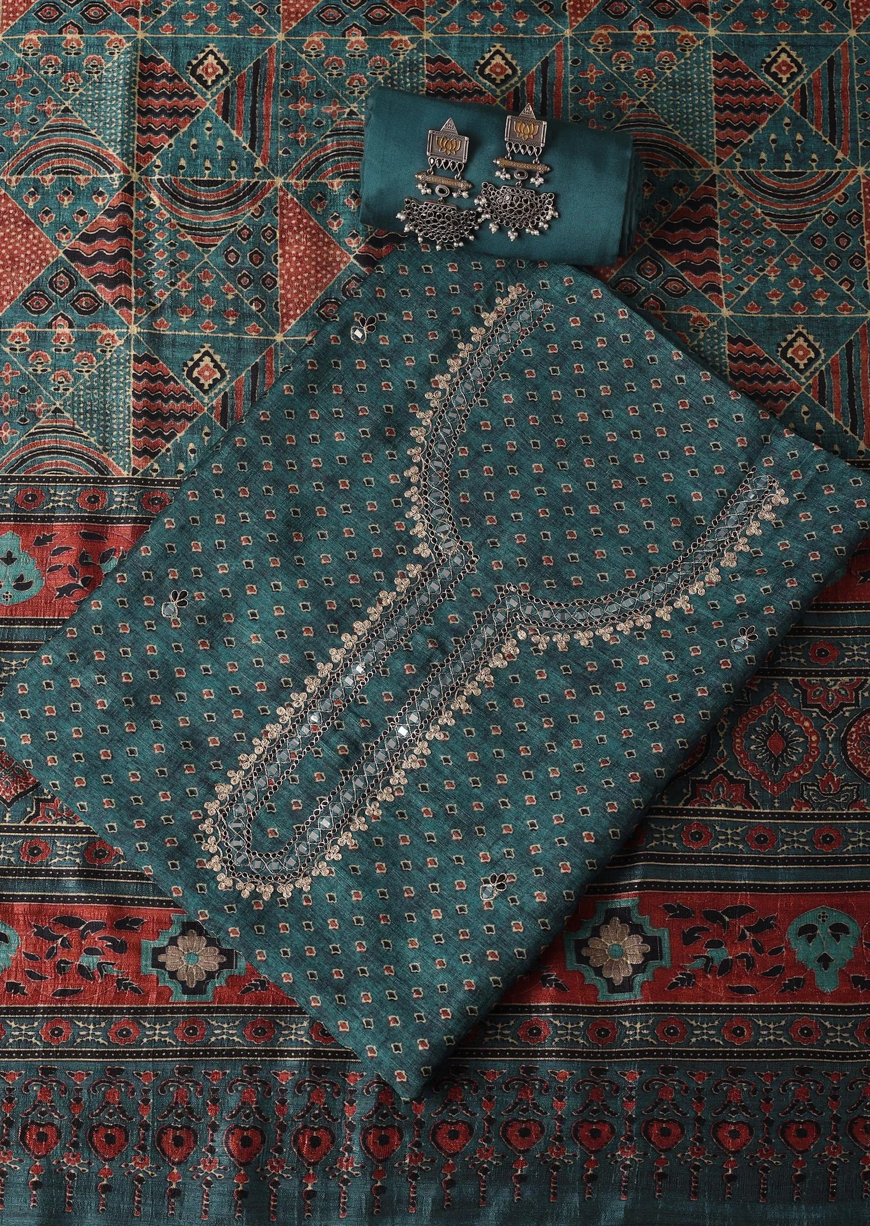Blue Tussar Tribal Geomteric Printed Unstitched Dress Material