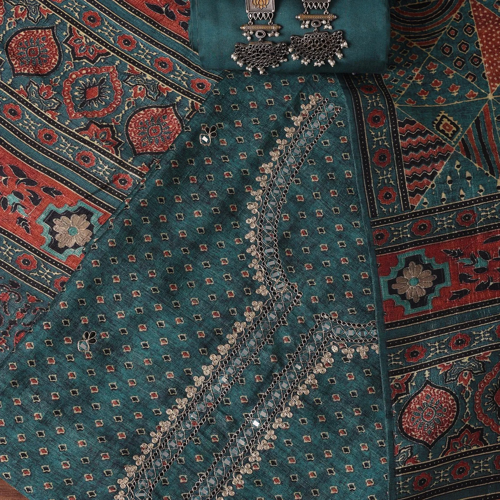 Blue Tussar Tribal Geomteric Printed Unstitched Dress Material