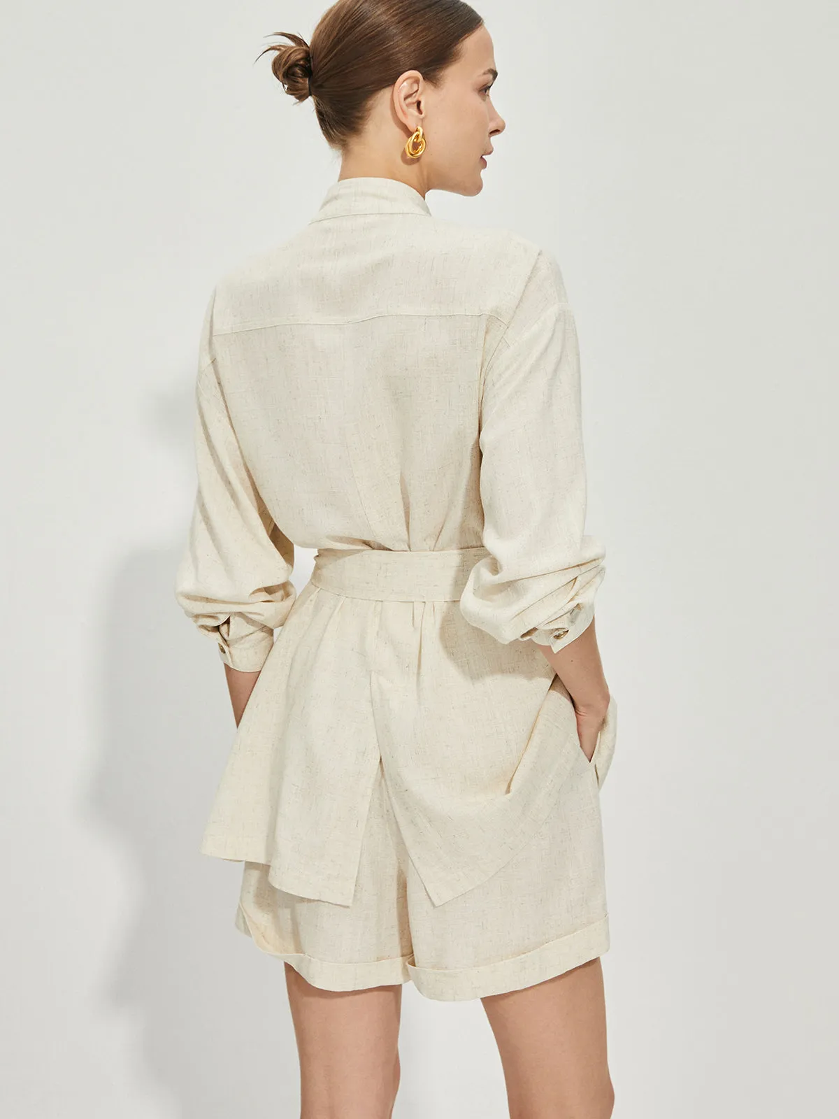 Casual Cotton & Linen Shorts Set With Belt