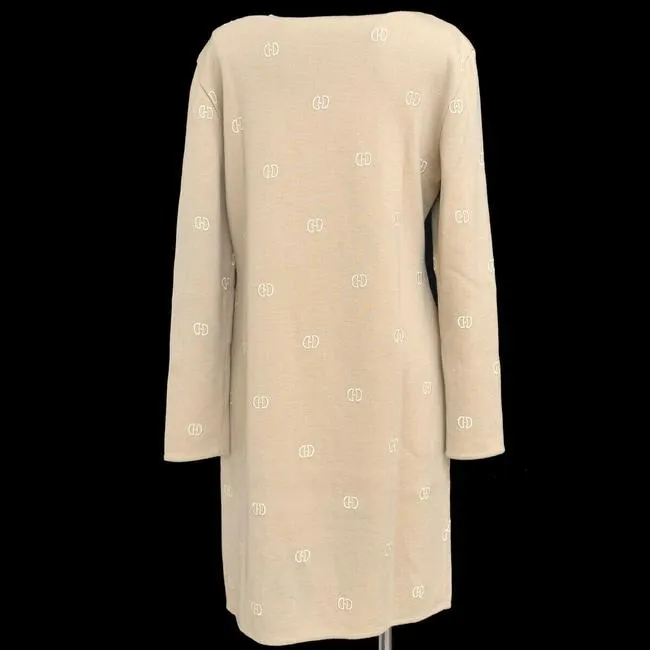 Celine Tan Wool Ivory Logo Print Mid Length Short Casual Dress