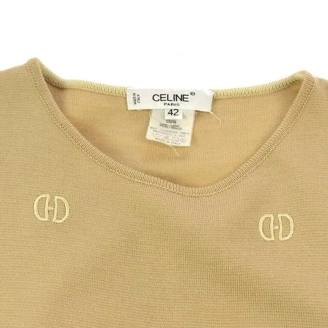 Celine Tan Wool Ivory Logo Print Mid Length Short Casual Dress