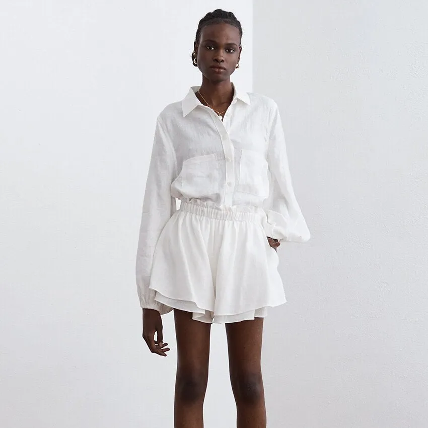 Getadme Bclout Summer Linen Ruffle Shorts Sets Women 2 Pieces Lantern Sleeve  White Tops Loose Elastic Waist Shorts Suits Vacation