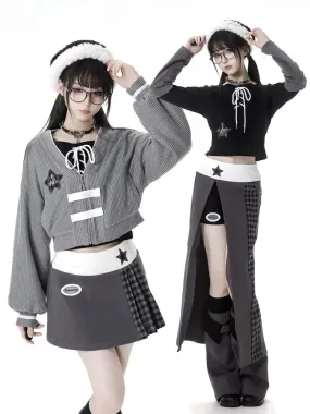 Grey Star Decorated Zip Closure Knitted Cardigan