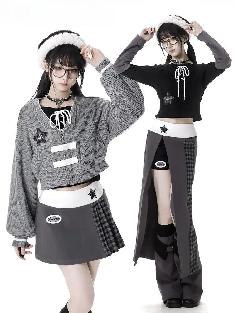Grey Star Decorated Zip Closure Knitted Cardigan