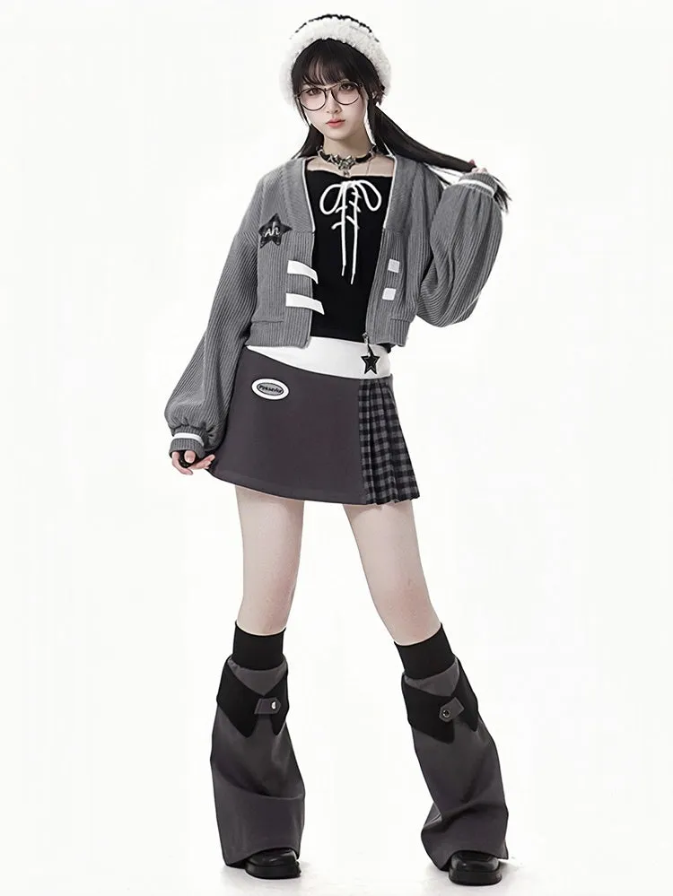 Grey Star Decorated Zip Closure Knitted Cardigan
