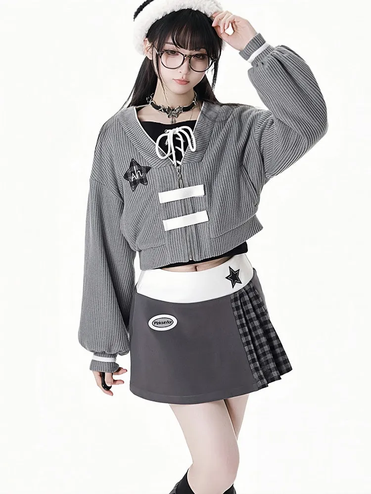 Grey Star Decorated Zip Closure Knitted Cardigan