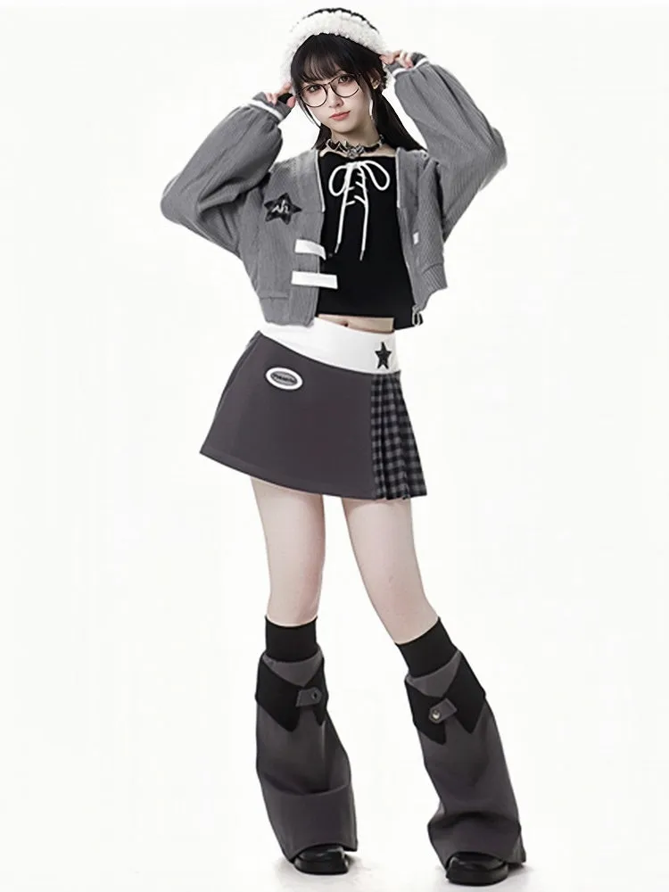 Grey Star Decorated Zip Closure Knitted Cardigan