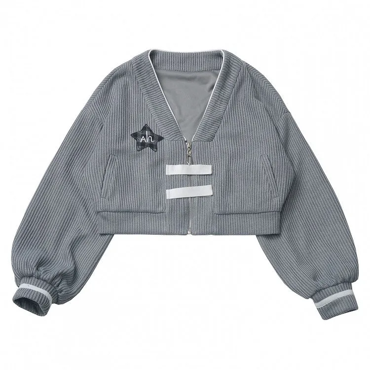 Grey Star Decorated Zip Closure Knitted Cardigan