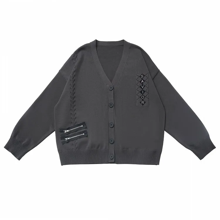 Grey V-Neck Zipper Details Spring Knitted Cardigan