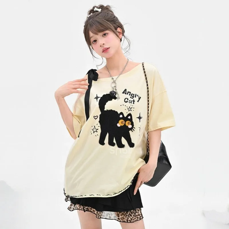 Kawaii Cute 3D Cat Embroidered Short-Sleeved T-shirt