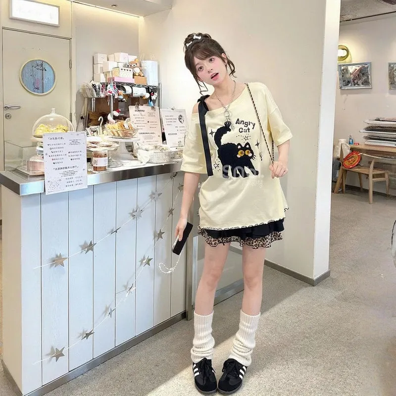 Kawaii Cute 3D Cat Embroidered Short-Sleeved T-shirt