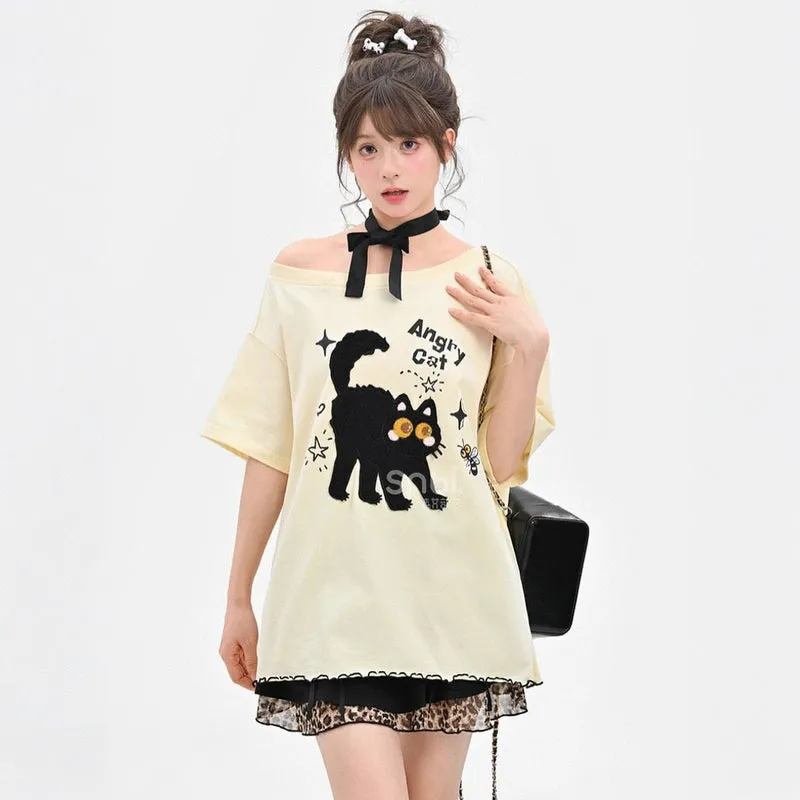 Kawaii Cute 3D Cat Embroidered Short-Sleeved T-shirt