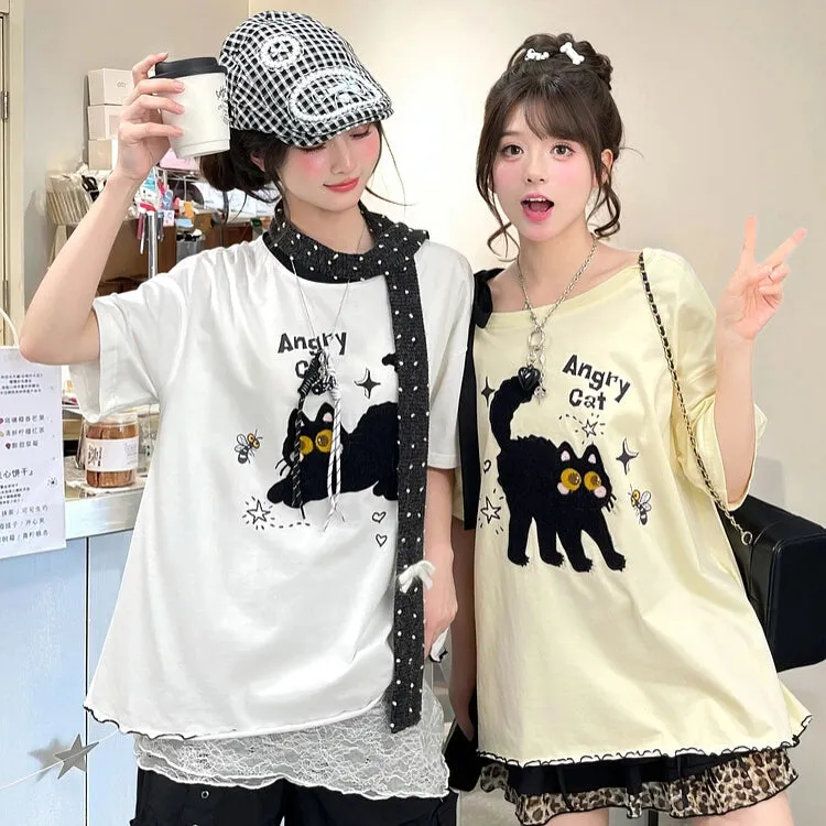 Kawaii Cute 3D Cat Embroidered Short-Sleeved T-shirt