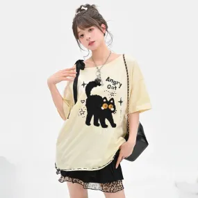 Kawaii Cute 3D Cat Embroidered Short-Sleeved T-shirt