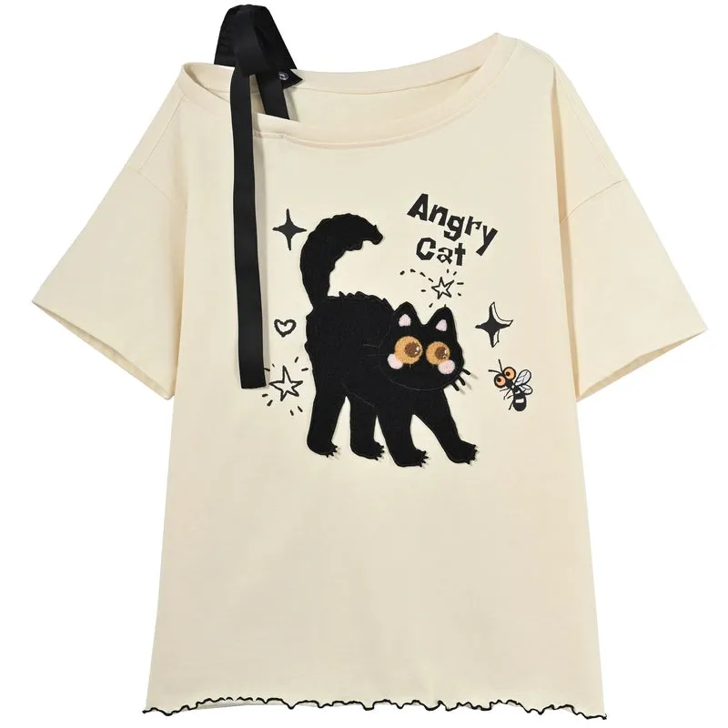 Kawaii Cute 3D Cat Embroidered Short-Sleeved T-shirt
