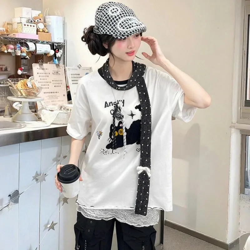 Kawaii Cute 3D Cat Embroidered Short-Sleeved T-shirt