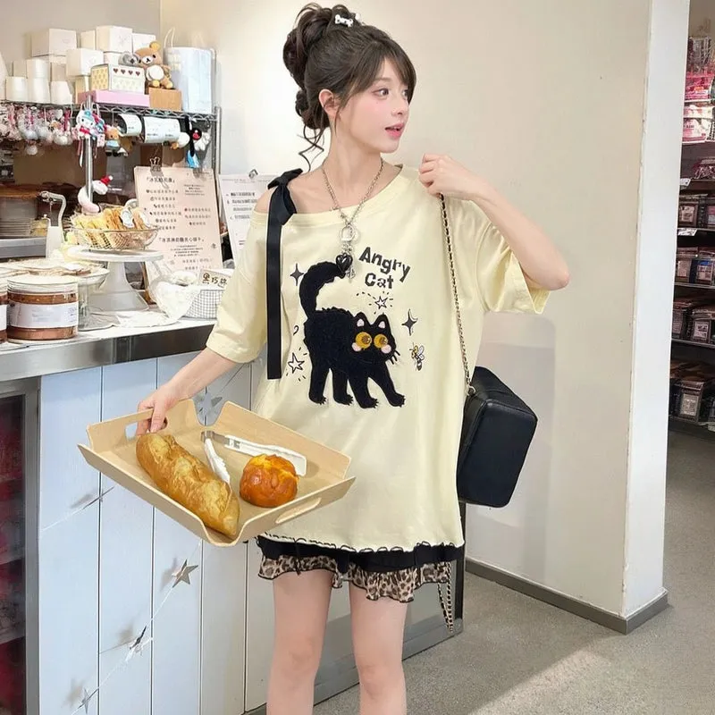 Kawaii Cute 3D Cat Embroidered Short-Sleeved T-shirt