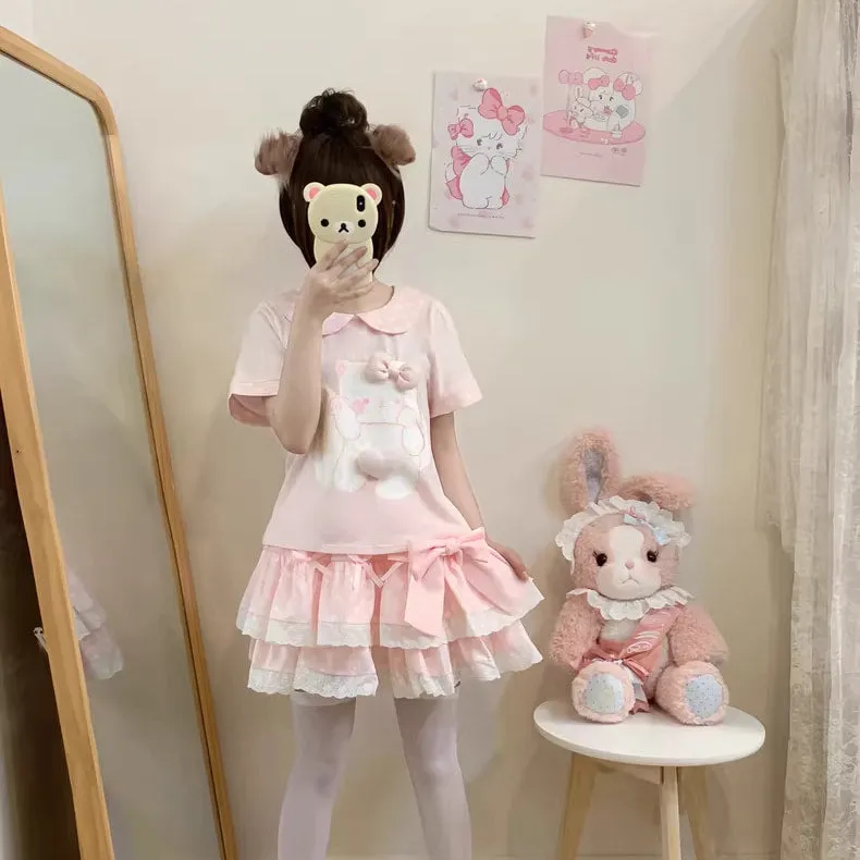 Kawaii Soft Girl Style Pink Cartoon Cat Short-Sleeved T-shirt