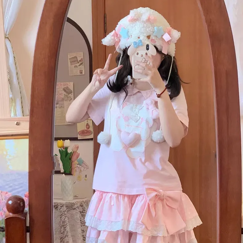 Kawaii Soft Girl Style Pink Cartoon Cat Short-Sleeved T-shirt