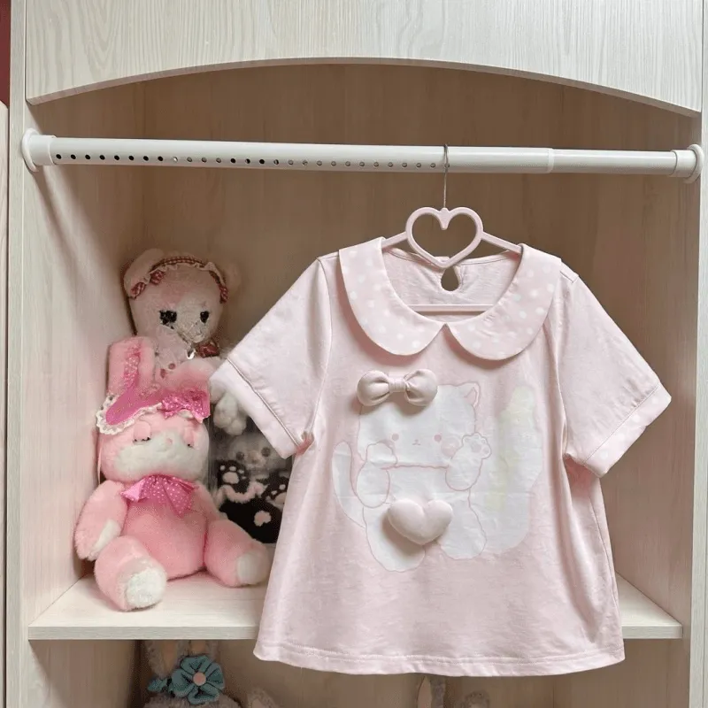 Kawaii Soft Girl Style Pink Cartoon Cat Short-Sleeved T-shirt