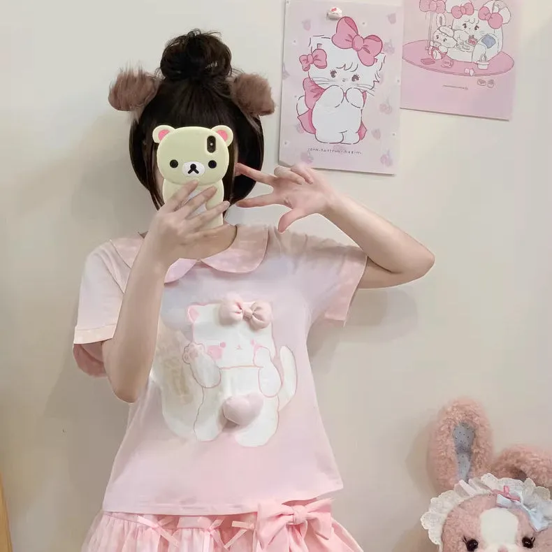Kawaii Soft Girl Style Pink Cartoon Cat Short-Sleeved T-shirt