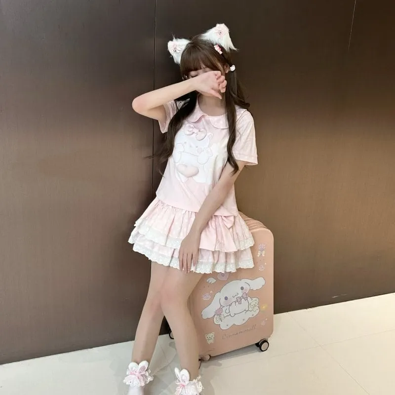Kawaii Soft Girl Style Pink Cartoon Cat Short-Sleeved T-shirt