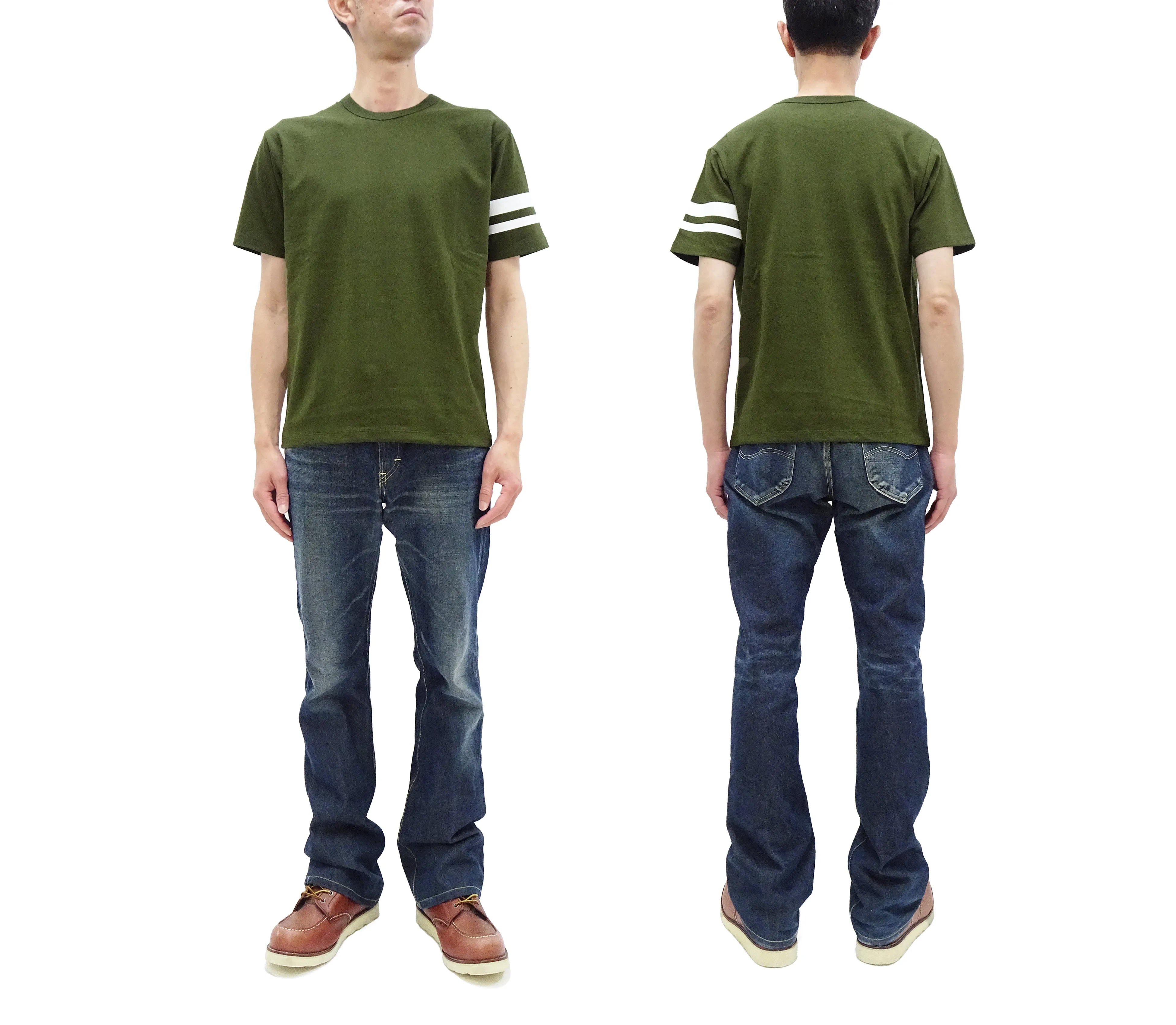 Momotaro Jeans T-shirt Men's Casual Short Sleeve Tee Shirt with GTB Stripes on Left Arm MZTS0002 Olive