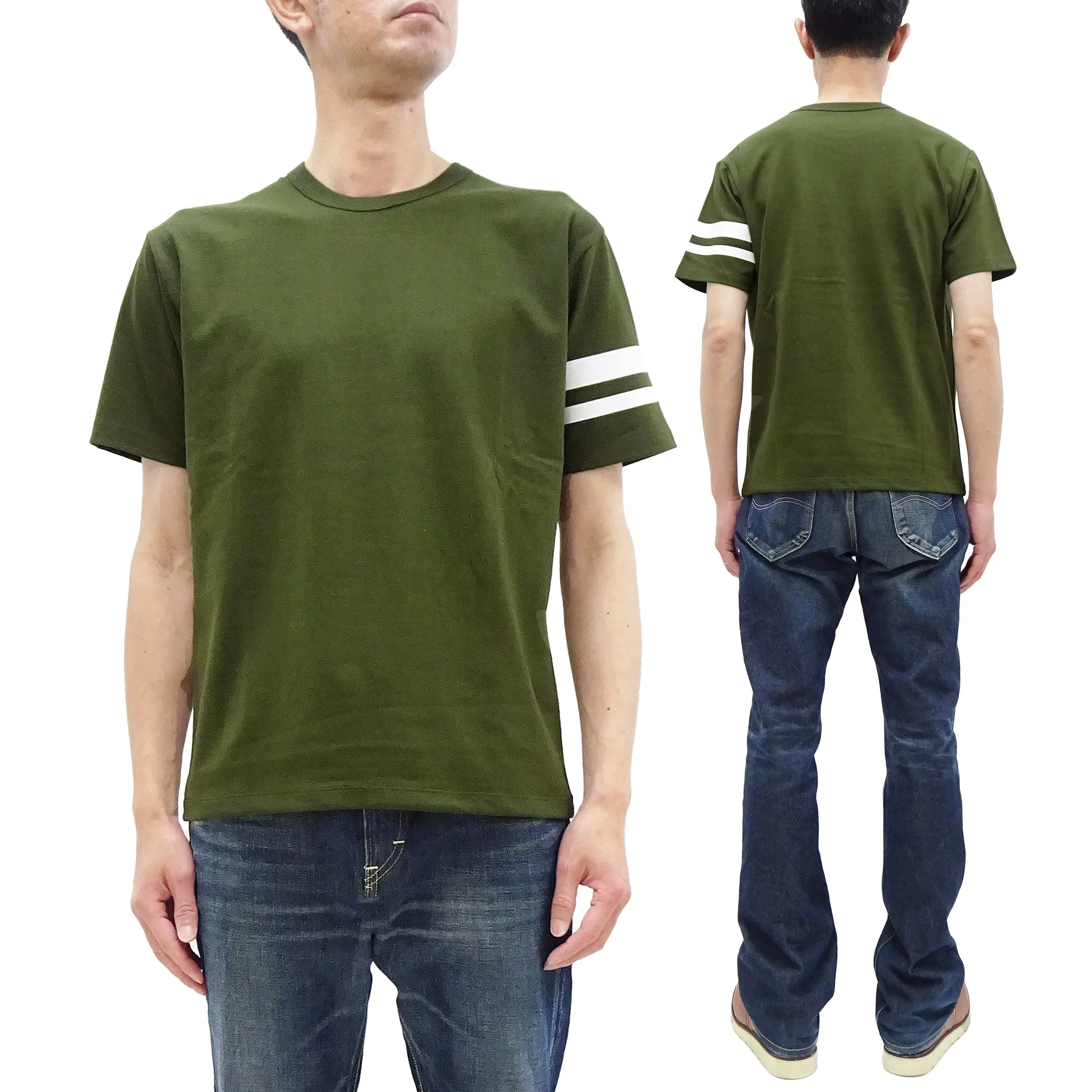 Momotaro Jeans T-shirt Men's Casual Short Sleeve Tee Shirt with GTB Stripes on Left Arm MZTS0002 Olive