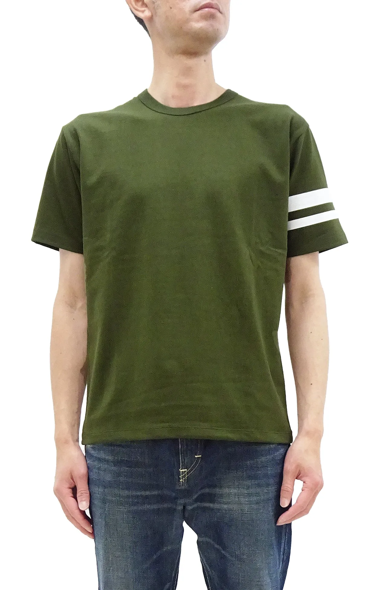 Momotaro Jeans T-shirt Men's Casual Short Sleeve Tee Shirt with GTB Stripes on Left Arm MZTS0002 Olive