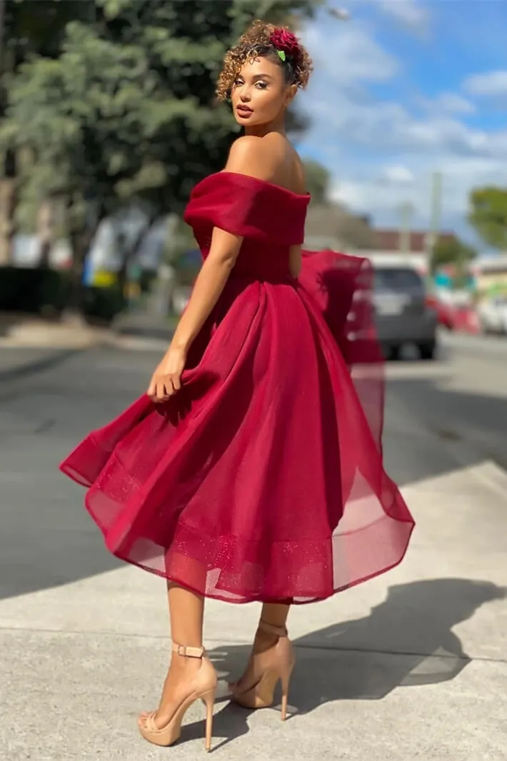 Off The Shoulder Short Burgundy Evening Dress A Line | Ballbellas