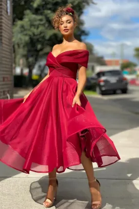 Off The Shoulder Short Burgundy Evening Dress A Line | Ballbellas
