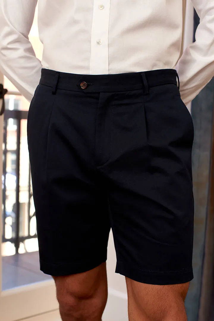 Pleated Short | 100% Cotton Twill | Navy
